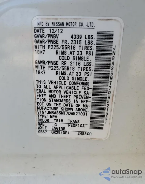 2013 Nissan Rogue S from USA, damaged, VIN JN8AS5MT7DW521031